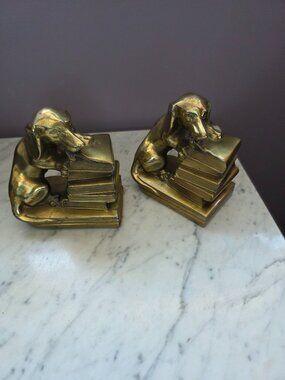 Heavy Solid Brass Dachshund Dog Bookends W/ Books Vintage 5+ lbs